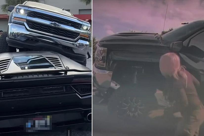 Nəhəng pikap "Lamborghini"nin üstünə çıxdı - 