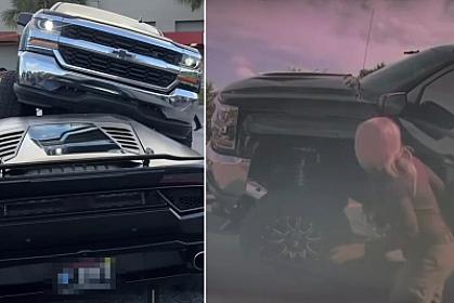 Nəhəng pikap "Lamborghini"nin üstünə çıxdı - 