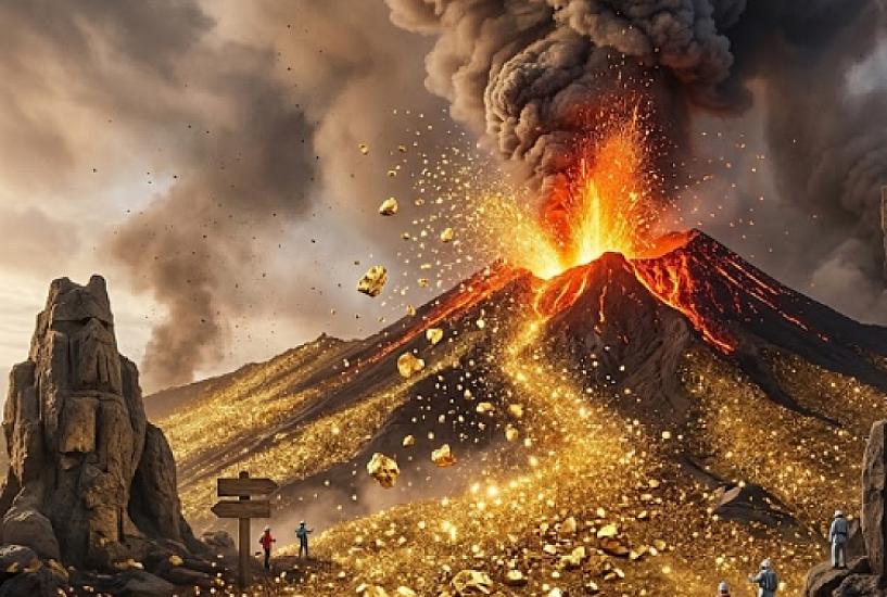 The volcano erupted, scattering gold around.