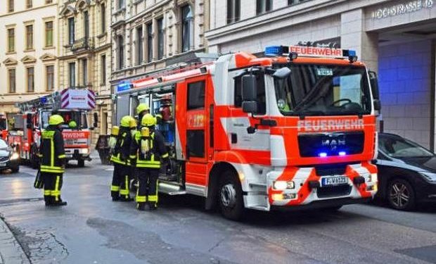 Frankfurt, Germany - 22 March, 2017: Firetrucks stopped on the street in Frankfurt center. Quick arriving on the place of accident is very important to save a life or health.