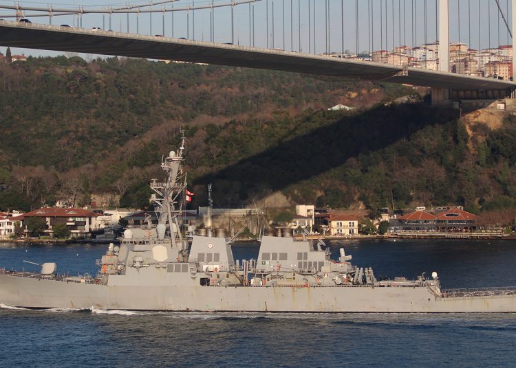 U.S. Navy guided-missile destroyer USS Ross sails in the Bosphorus, on its way to the Black Sea, in Istanbul, Turkey, February 23, 2020. REUTERS/Yoruk Isik